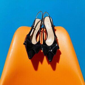 Black Patent Slingback Ballet Flats with Bow | Low Heel | Size 37